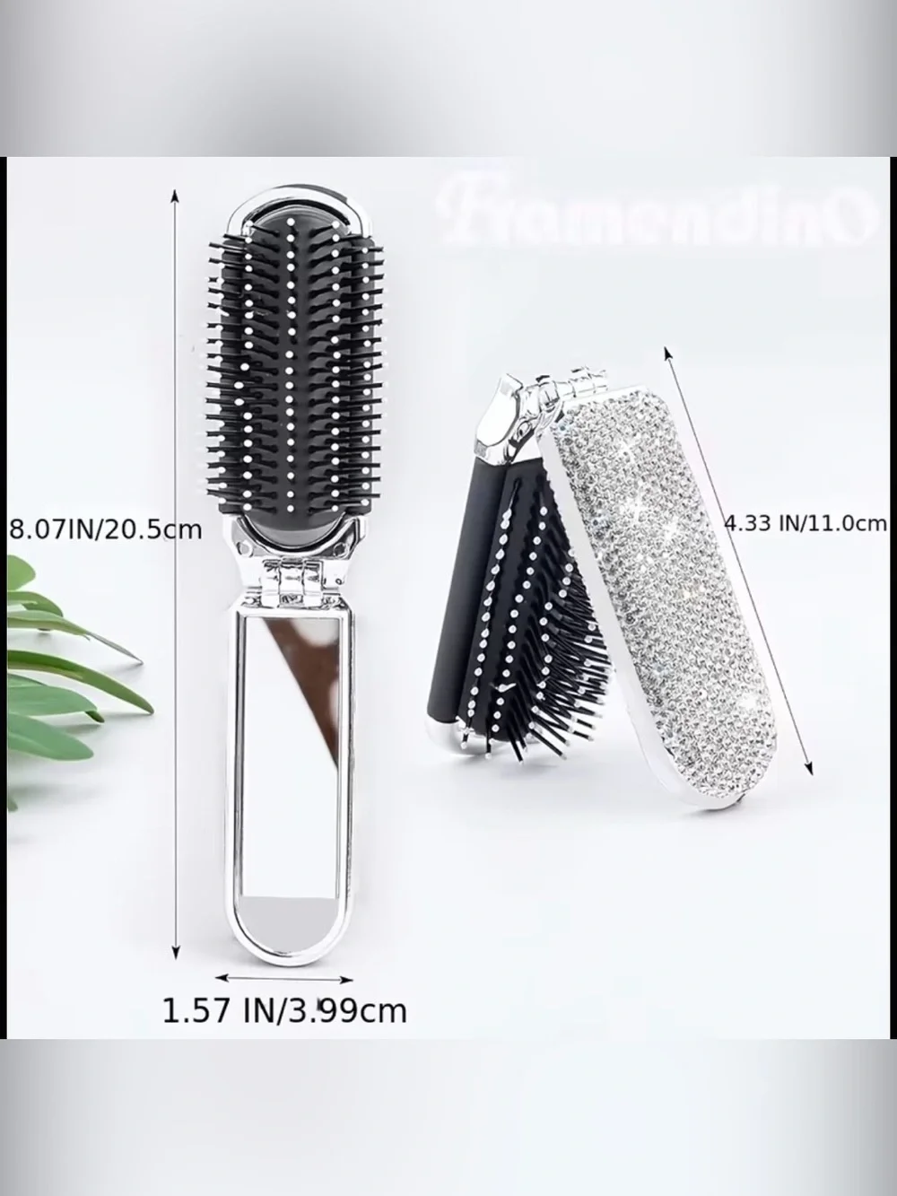 Foldable Black & Silver Hair Brush with Crystal Design